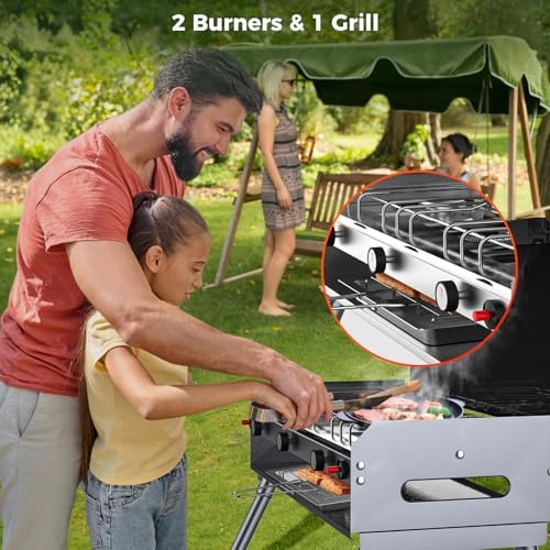 CAMPLUX 2 Burners & 1 Grill Propane Camping Stove, 15,000 BTU Portable Outdoor Propane Camping Grill Burner with Free Standing Legs, Auto-Ignition Gas Stove with Regulator, Black - Image 5