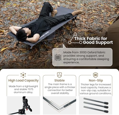 ONETIGRIS SUPRANUBIS Camping Cot, Height Adjustable with Cot Leg Extenders, Strong Support 330lbs, Lightweight Comfortable Folding Bed for Camping, Hiking, Travel, Truck, Beach, Office Nap - Image 3