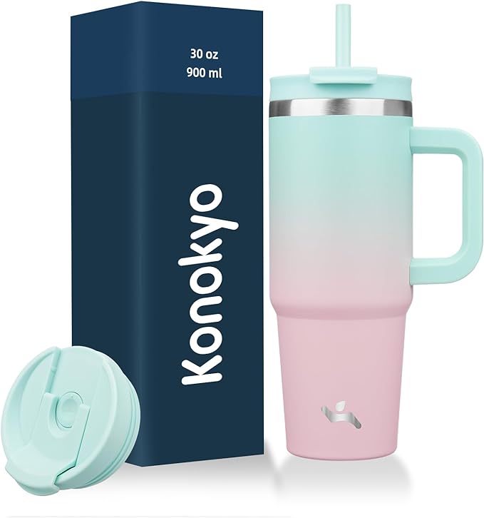 Konokyo 30 oz Tumbler with Handle and 2 Straws,2 in 1 Lid Insulated Water Bottle Stainless Steel Travel Coffee Mug,Gum by Konokyo