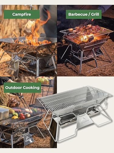 CAMPINGMOON Large Portable Campfire Fire Pit BBQ Grill Stainless Steel Foldable Collapsible Wood Burning Charcoal Grill for Heavy Duty Outdoor Cooking RV Camping, 20x13-inch, Carry Bag included MT-3 - Image 5