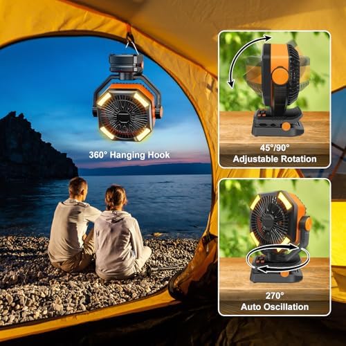 20000mAh Portable Clip on Fan Rechargeable, 7 Inch Battery Powered Desk Fan, LED Lantern & Hook, Timer,360° Rotate & 5 Speeds Strong Airflow for Camping Tent Office Outdoor Travel Golf Cart - Image 2