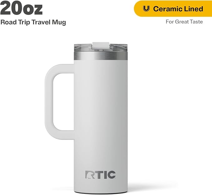 RTIC 20oz Road Trip Travel Mug with Lid and Handle, Ceramic Lined, Insulated, Stainless Steel, Metal, Double Wall Vacuum-Insulation, Portable Coffee, Tea Cup for Hot and Cold Drink, Cool Grey - Image 2