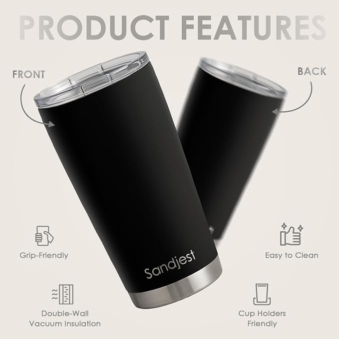 SANDJEST Black Tumbler 20oz Stainless Steel Double Wall Vacuum Insulated, Travel Coffee Cup, Gifts for Men Women Birthday Christmas - Image 2