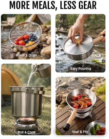 Camping Cookware Set with Stove, Stainless Steel Outdoor Cooking Kit with Pot, Strainer Pot, Frying Pan, Adapter and Storage Bag, Portable Camping Pots and Pans Set for Camping, Hiking, Backpacking - Image 7