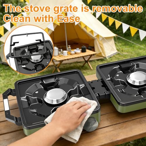 2-Burner Pro Camping Stove,24000 BTU Camp Stove,Foldable Propane Stove Includes Carry Bag,Windscreen Griddle, Portable Stove,Camping Essentials,Suitable For Outdoor Cooking,Tailgating,Grilling (Green) - Image 7