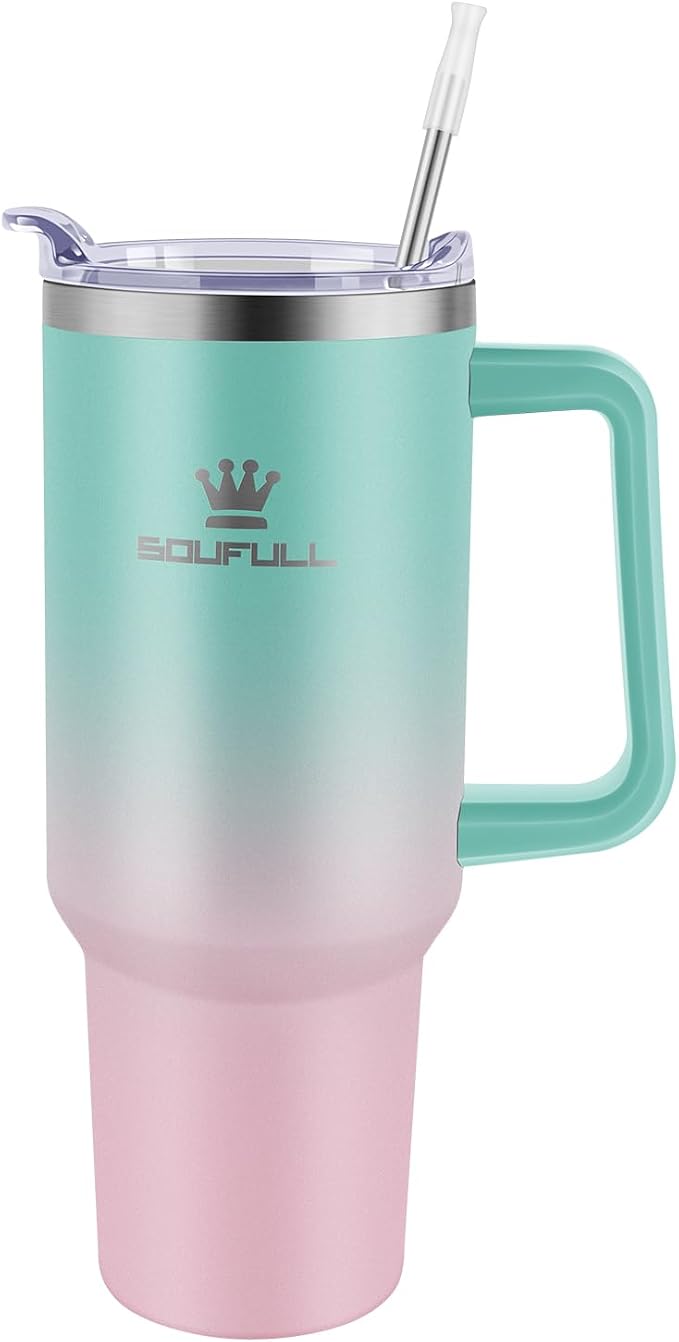 40 oz Tumbler with Handle and Straw Lid, 100% Leak-proof Travel Coffee Mug, Stainless Steel Insulated Cup for Hot Cold Beverages, Keeps Cold for 34Hrs or Hot for 10Hrs, Dishwasher Safe (GreenPink) - Image 2