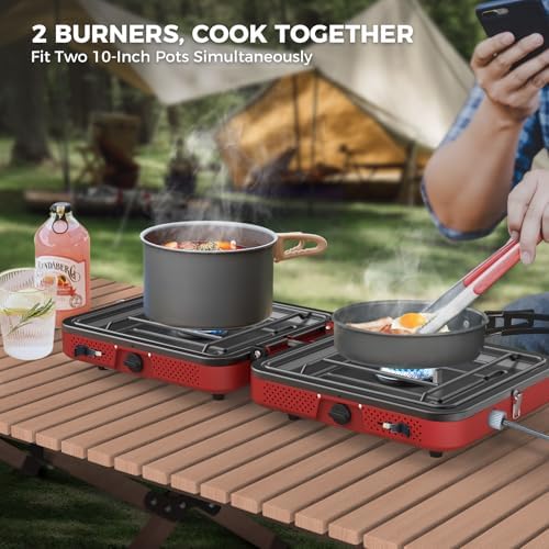 CAMPLUX FoldGo 2 Burner Portable Camping Stove 17,200 BTU, Foldable Propane Stove for Outdoor Cooking with Carry Bag, Portable Gas Stove with 2 Adjustable Burners, Red - Image 3
