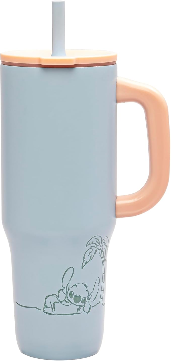 Zak Designs Disney Sutton Travel Tumbler for On the Go or At Home, 40oz Stainless Steel with Vacuum Insulation, Silicone Straw, Carry Handle, and 3D Artwork for Cold Drinks (Stitch) by ZakDesigns