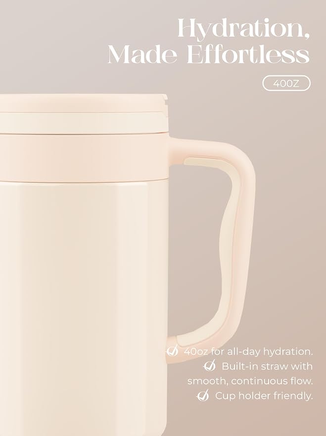 40 oz Insulated Tumbler with Handle and Push-Button Straw Lid, Stainless Steel Travel Cup for Gym Office, Leakproof, BPA-Free, Cup Holder Friendly, Bow Silicone Boot, Cream (Cloudy Cream) - Image 5