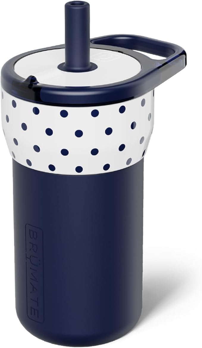 BrüMate Leap 12oz 100% Leakproof Kids Tumbler with Handle & Silicone Soft Straw | Durable Drop Resistant Silicone Sleeve | Made of Insulated Stainless Steel | Cup Holder Friendly | (White Polka Dots) by Br%C3%BCMate