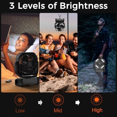 Camping Fan with Light - 20000mAh Rechargeable Battery Tent Fan, 112Hrs Max, 8 Speeds, Digital Display, Timer, Auto Oscillation, 270° Pivot & Hook for Garage, RV, Hurricane, Co-Branded with AMACOOL - Image 4