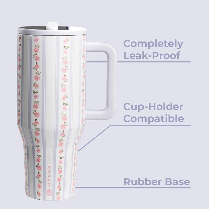 HydroJug Traveler - 40 oz Water Bottle with Handle & Flip Straw - Fits in Cup Holder, Leak Resistant Tumbler-Reusable Insulated Stainless Steel & Rubber Base - Gifts for Women & Men, Primrose - Image 2