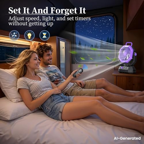MKG Camping Fan Rechargeable, Oscillating Battery Powered Hanging Tent Fan with Light and Remote, Portable for Camp, Outdoor, Emergency Power Outage, Fishing, RV Travel (Purple) - Image 6