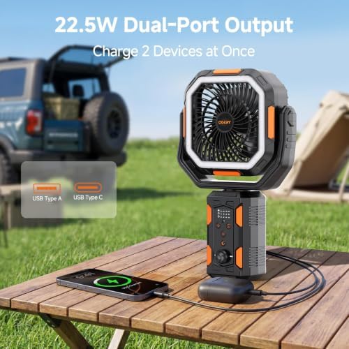 OGERY Camping Fan, Portable Fan with Adjustable Height Stand, 20000mAh Rechargeable Battery Powered Fan with Remote, LED Light, Auto Oscillation, Fast Charging, Floor or Desk Fan for Tent, RV, Travel - Image 6