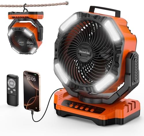 Socool 40000mAh Camping Fan Rechargeable, Battery Operated Portable Outdoor Fan Remote, 136Hrs & 4-Speed Cordless Oscillating, Table Fan with Light & Timer for Tent RV Jobsite Hurricane Power Outage by Socoolfancoolinhand