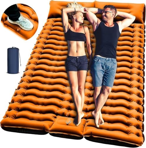 Yuzonc Double Sleeping Pad for Camping, 4" Extra Thick Self-Inflating Air Mattress - 2 Person Inflatable Camping Mat with Built-in Foot Pump & Pillow, Backpacking Hiking Tent Travel-Orange - Image 4