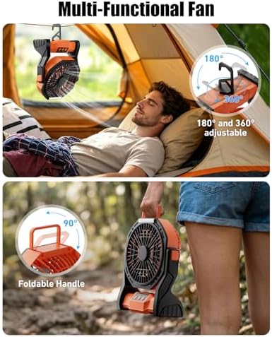 Camping Fan Rechargeable, 20000mAh Battery Powered Fan with LED Light & Hook, Portable Fans Rechargeable for Indoor, Outdoor, Tent, Travel, Jobsite, Fishing, Gifts for Men Dad - Image 4