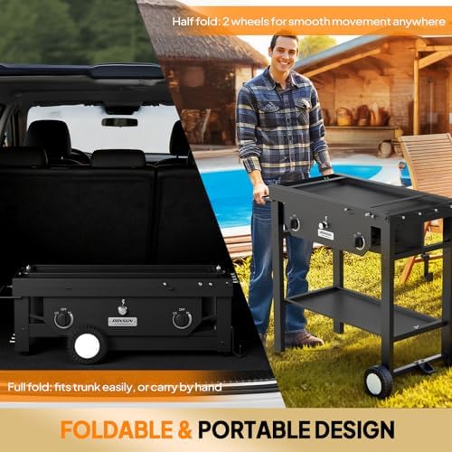 ROVSUN 2 Burner Outdoor Propane Gas Stove with Foldable Work Station, Auto-ignition & Regulator, 150,000 BTU Powerful Camping Burner with Portable Wheels for Backyard Patio Cooking Brewing Frying - Image 5