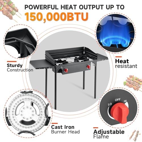High Pressure Propane Stove, 2 Burner Outdoor Propane Burner with Windscreen ＆ Side Shelves, 150,000 BTU Gas Stove with 0-20 PSI Regulator for Camping, Backyard, Picnic, Outdoor Cooking - Image 3