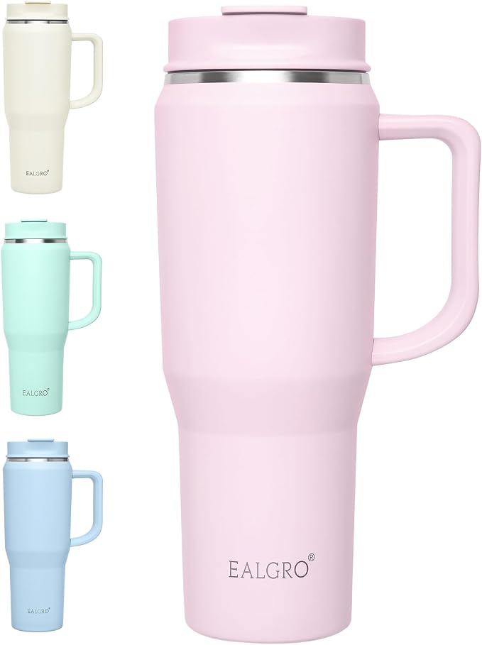 EALGRO 40 oz Tumbler with Handle, Insulated Tumblers with Lid and Straw, Large Metal Sports Water Bottle Jug, Thermal Stainless Steel Travel Coffee Mug Cup, Blush by EALGRO
