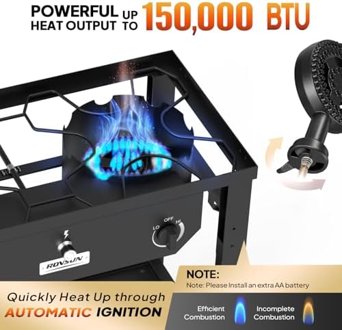 ROVSUN 2 Burner Outdoor Propane Gas Stove with Foldable Work Station, Auto-ignition & Regulator, 150,000 BTU Powerful Camping Burner with Portable Wheels for Backyard Patio Cooking Brewing Frying - Image 2