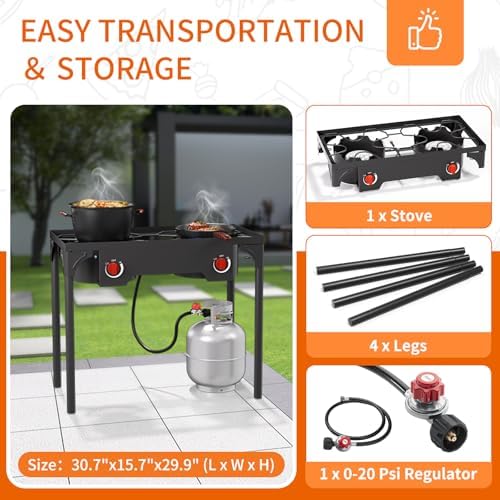 2 Burner Gas Stove, High Pressure Outdoor Propane Burner with Detachable Legs, 150,000 BTU Camping Stove Outdoor Burner with 0-20 PSI Regulator for Camping, Backyard, Outdoor Cooking - Image 2