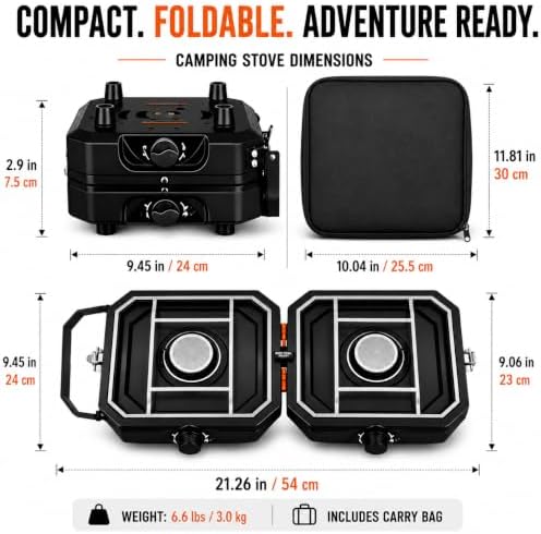 Camping Stove 2 Burner Propane with Griddle, Portable Foldable Camp Stove with Piezo Ignition, Adjustable Burners, Gas Hose & Carry Bag - Image 5