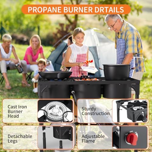 High Pressure Propane Burner, 3 Burner Camping Stove with Detachable Legs, 225,000 BTU Propane Gas Stove Burner with 0-20 PSI Regulator for Camping, Tailgating, Backyard, Outdoor Cooking - Image 4