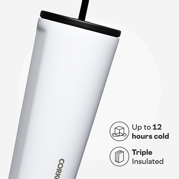 Corkcicle Cold Cup Insulated Tumbler with Straw - Keeps Drinks Cold for 12 Hours - Triple-Insulated Stainless Steel - Leak-Resistant Lid - Summer Drinkware Gift - 24 oz - Gloss White - Image 3