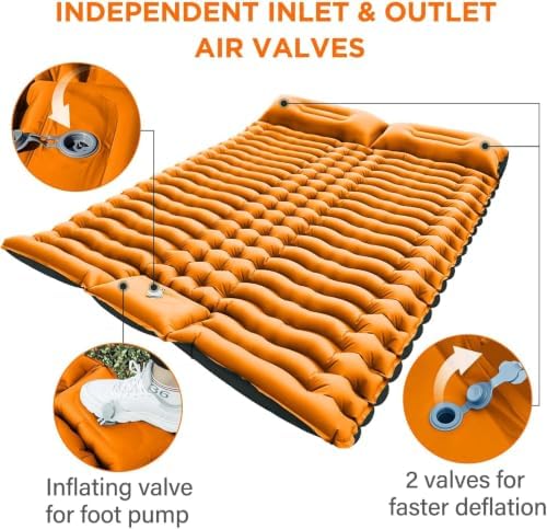 Yuzonc Double Sleeping Pad for Camping, 4" Extra Thick Self-Inflating Air Mattress - 2 Person Inflatable Camping Mat with Built-in Foot Pump & Pillow, Backpacking Hiking Tent Travel-Orange - Image 7