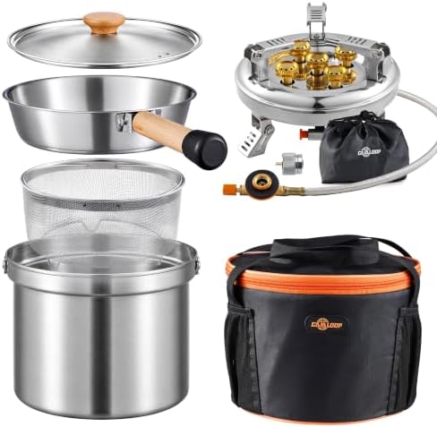 Camping Cookware Set with Stove, Stainless Steel Outdoor Cooking Kit with Pot, Strainer Pot, Frying Pan, Adapter and Storage Bag, Portable Camping Pots and Pans Set for Camping, Hiking, Backpacking by Gaialoop