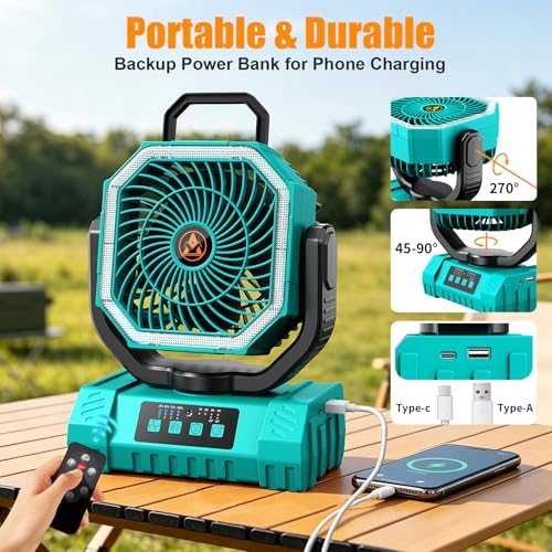 Camping Fan Rechargeable - 20000mAh Portable Cordless Battery Powered Fans with LED Lantern, Remote Auto Oscillating Table Fan Battery Operated Tent Fan for Travel Outdoor Fishing Bedroom Home (Blue) - Image 3