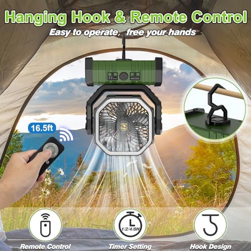 20000mAh Rechargeable Camping Fan with LED Lantern, Battery Powered Fan - Image 5