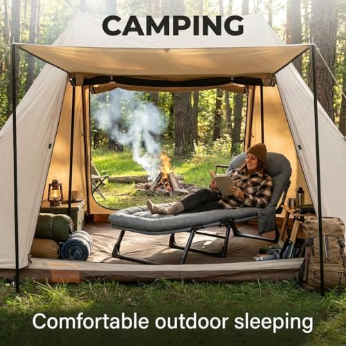 DXZ Folding Camping Cot for Adults, 6-Position Adjustable Reclining Cot with Mattress and Pillow, Heavy Duty Portable Sleeping Bed with Side Pocket for Camping, Patio, Office Nap and Home Rest, Grey - Image 7