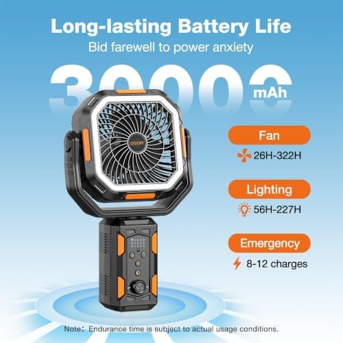 OGERY Portable Camping Fan with Adjustable Height Stand, 30000mAh Battery Powered Fan with Remote, LED Light, Auto Oscillation for Tent, RV, Bedroom, Travel – Floor & Desk Fan - Image 2