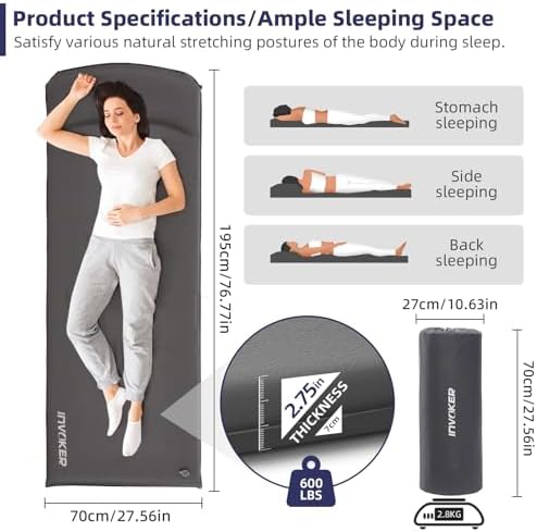 INVOKER Camping Sleeping Pad, Self-Inflating, 75 x 24 x 3.15 in, Grey - Image 4