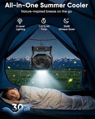 Portable Rechargeable Fan, 20000mAh Battery Powered Camping Fan with LED Light & Hook, 270° Adjustable, 4-Speed,4-Timer Camping Essentials for Outdoor Tent Travel BBQ Car, Gifts for Men Dad_Dark Black - Image 2