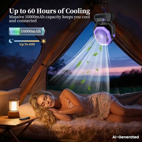 MKG Camping Fan Rechargeable, Oscillating Battery Powered Hanging Tent Fan with Light and Remote, Portable for Camp, Outdoor, Emergency Power Outage, Fishing, RV Travel (Purple) - Image 3