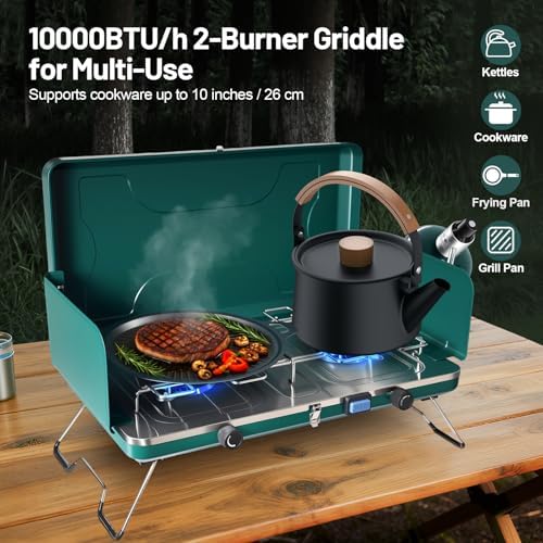 2 Burner Propane Stove, 20000BTU Portable Camping Stove with 2 Adjustable Burner and Wind Guards, Camping Cooktop with Ignition & Griddle for Camping,Tailgating, BBQ, Grilling,Outdoor Gear - Image 4