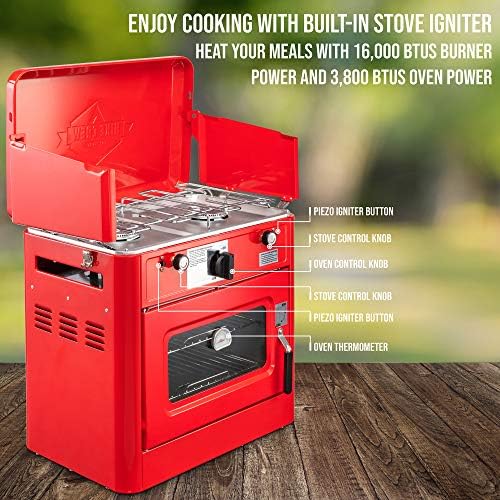 Hike Crew Outdoor Gas Camping Oven w/Carry Bag | CSA Approved Portable Propane-Powered 2-Burner Stove & Oven | Auto Ignition, Overheat Safety Shutoff, Built-In Thermometer | Hose & Regulator Included - Image 3