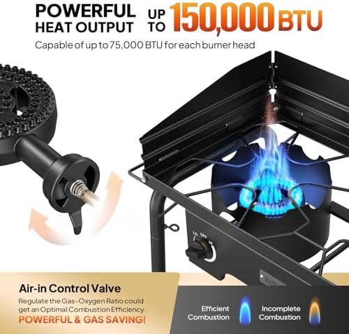 ROVSUN 2 Burner Outdoor Camping Stove with Wind Panel & Shelves, Heavy Sturdy Propane Burner, Gas Cooker with Detachable Legs & CSA Regulator for Home Camp Paito Cooking Frying Canning - Image 3