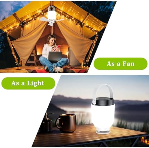 Rechargeable Camping Fan with LED Lantern, 2 in 1 Portable Small Ceiling Fan with Light for Outdoor Tent Gazebo Patio RV, USB C Battery Powered White Fan with Remote, Detachable 3 Blade Hanging Fan - Image 3