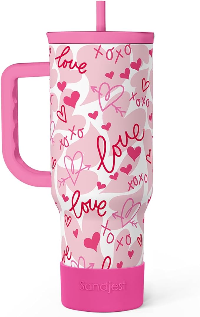 SANDJEST Heart Tumbler with Handle 40oz, Valentines Stainless Steel Insulated Tumblers Coffee Travel Cup with Straw Lid, Gifts for Women Girl by SANDJEST