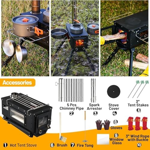 Tent Stove AVOFOREST Wood Stove with Tall Feet,Portable Hot Tent Stove with 6 Stainless Chimney Pipes for Outdoor & Cooking, Ice Fishing, Hunting - Image 6