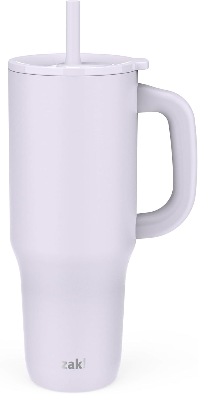 Zak Designs Sutton Travel Tumbler for On the Go, 40oz Stainless Steel with Vacuum Insulation, Silicone Straw, and Carry Handle for Cold Drinks (Smoky Lilac Purple) by ZakDesigns