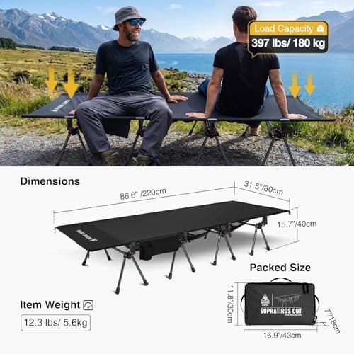 ONETIGRIS SUPRATIROS Extra Large Camping Cot, Height Adjustable Oversized Sleeping Cot with Extending Legs for Camping, Car Trips, Truck, Beach, Office Nap, Sturdy Supports Up to 400lbs (Black) - Image 7