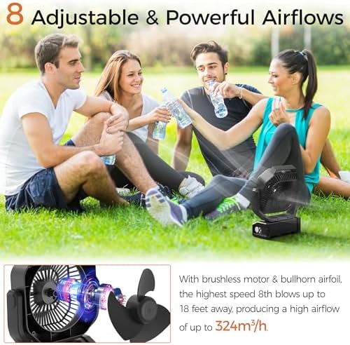 Camping Fan with Light - 20000mAh Rechargeable Battery Tent Fan, 112Hrs Max, 8 Speeds, Digital Display, Timer, Auto Oscillation, 270° Pivot & Hook for Garage, RV, Hurricane, Co-Branded with AMACOOL - Image 3