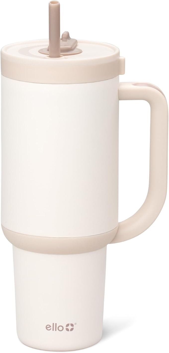 Ello Oasis 40 oz Tumbler with Handle & Retracting Straw | Reusable Insulated Stainless Steel Cup 100% Leakproof, Gifts for Teens Women Men | Keeps cold for 24 Hours, Cup Holder Friendly, Cream Tonal by Ello