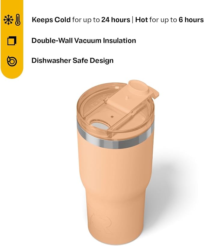 RTIC 20oz Essential Tumbler with Lid, Ceramic Lined, Insulated, Stainless Steel, Metal, Double Wall Vacuum-Insulation, Travel Cup for Iced Coffee, Tea, Hot and Cold Drink, Peach Tea - Image 3