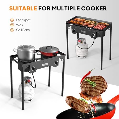 ROVSUN 2 Burner Outdoor Propane Gas Stove with Adjustable Regulator, 150,000 BTU High Pressure Stand Cooker for Backyard Cooking Camping Home Brewing Canning Turkey Frying - Image 3